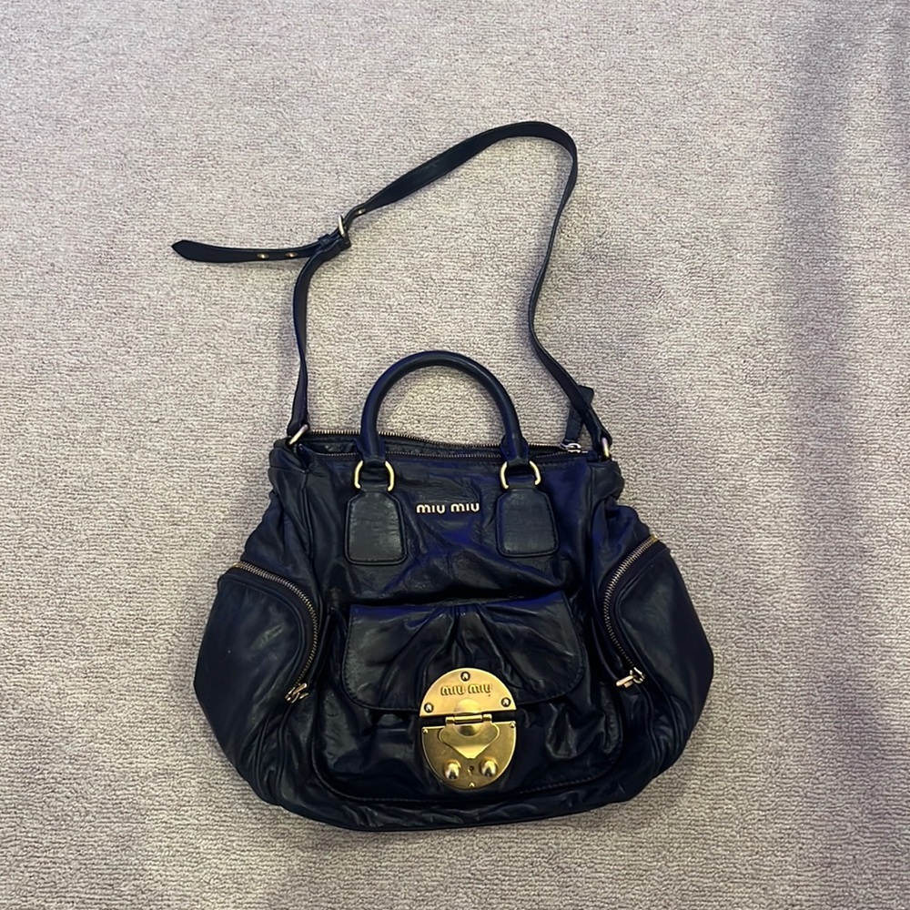 Miu Miu Dark Blue Shoulder Bag with Gold Hardware